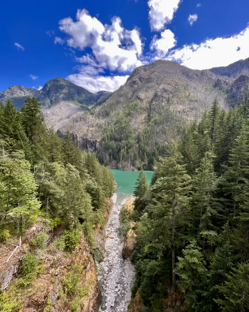 A rocky creek bed winds through evergreen forest toward a turquoise lake beneath rugged mountains and billowing clouds.
