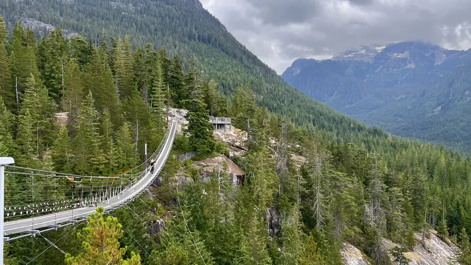 A suspension bridge stretches across a forested mountainside beneath cloudy skies.