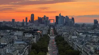A broad tree-lined avenue leads toward a skyline of high-rise buildings beneath an orange sunset sky.