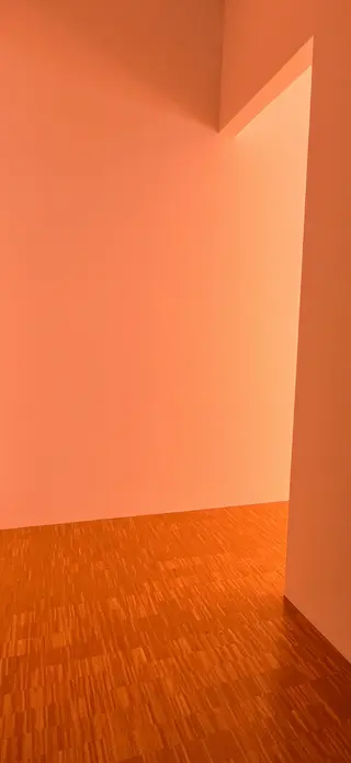 An empty interior corner with pale walls and a patterned wooden floor is lit in warm orange light.