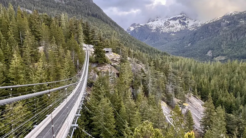 A narrow suspension bridge stretches over a forested mountain valley beneath snow-streaked peaks and a cloudy sky.
