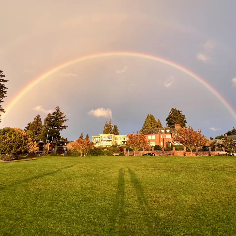A broad rainbow arcs over a sunlit grassy lawn, autumn trees, and houses beneath a cloudy evening sky.