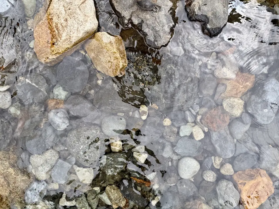 Clear ice covers rocks and water in a shallow stream.
