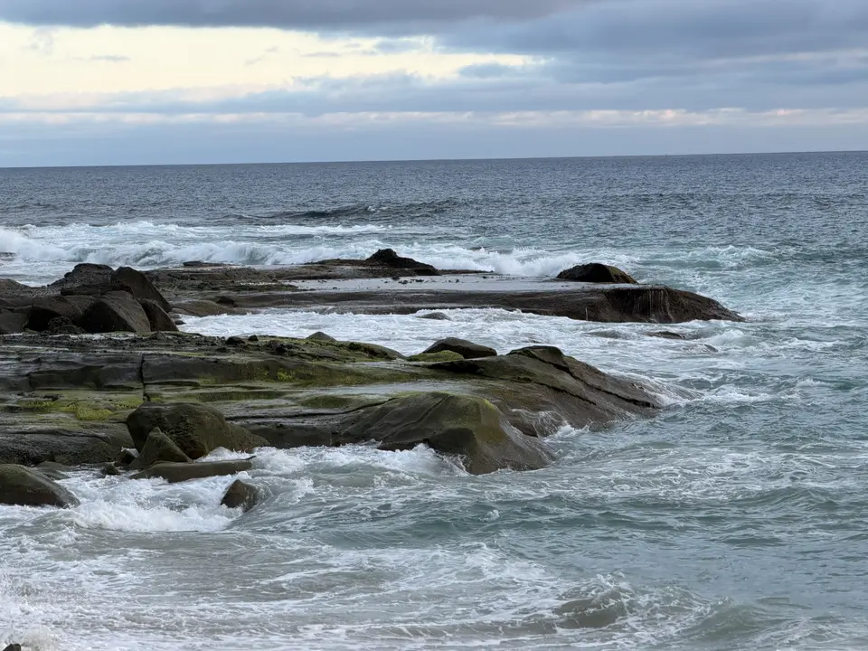Green moss covers rocks next to a body of water under a cloudy sky.